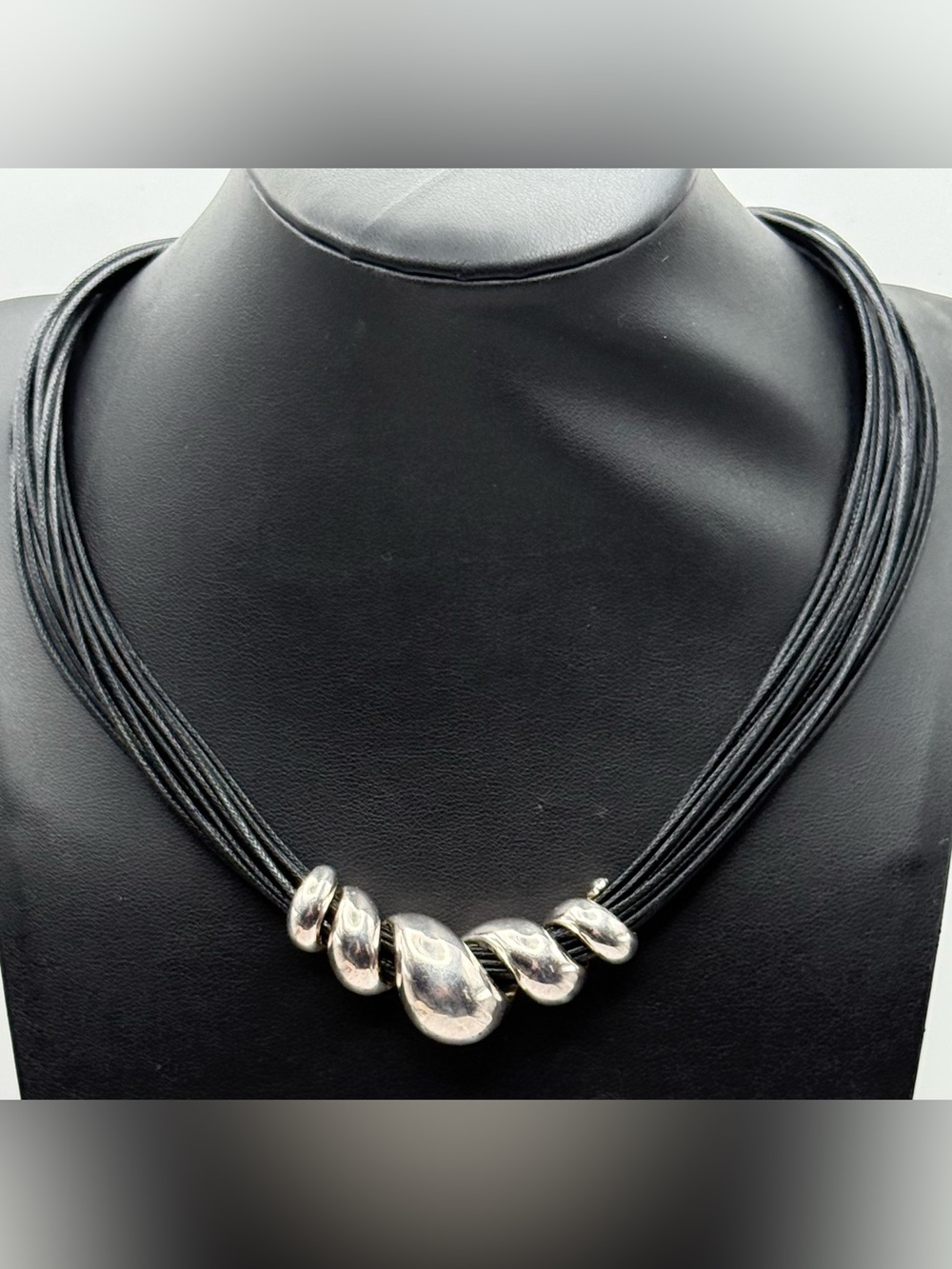 Sterling Silver Wave Pendant Multi-Strand Black Cord Choker Necklace